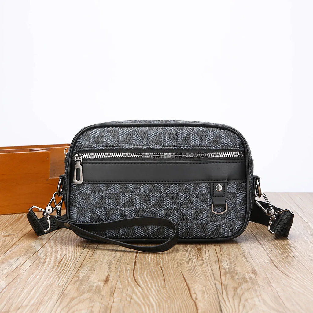 Men's geometric pattern PU leather shoulder messenger bag in horizontal design with handheld option