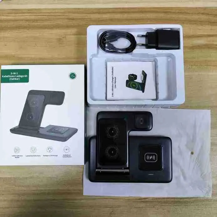 Three-in-one foldable wireless charger in black with twin coil and 15W fast charge for phone watch earbuds