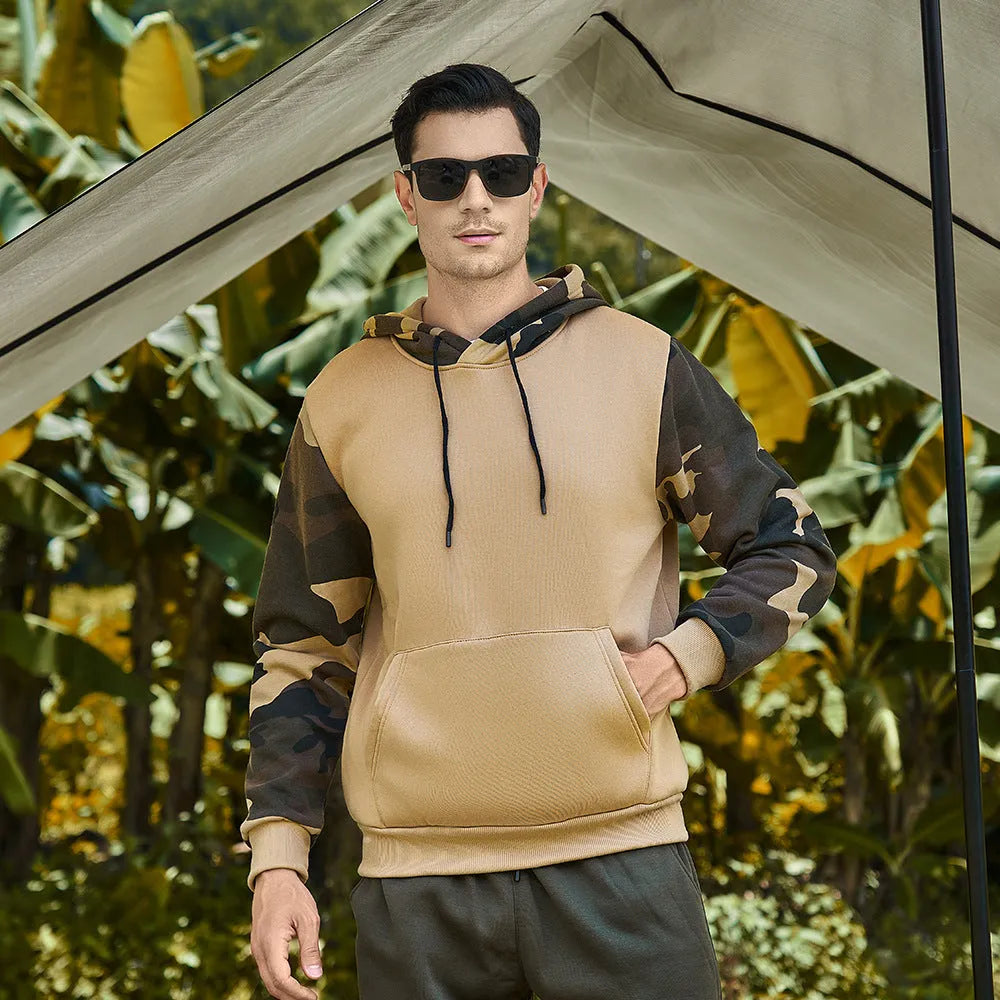 Men's casual sweater, camouflage colour block, hooded, polyester, Army Green colour, front view
