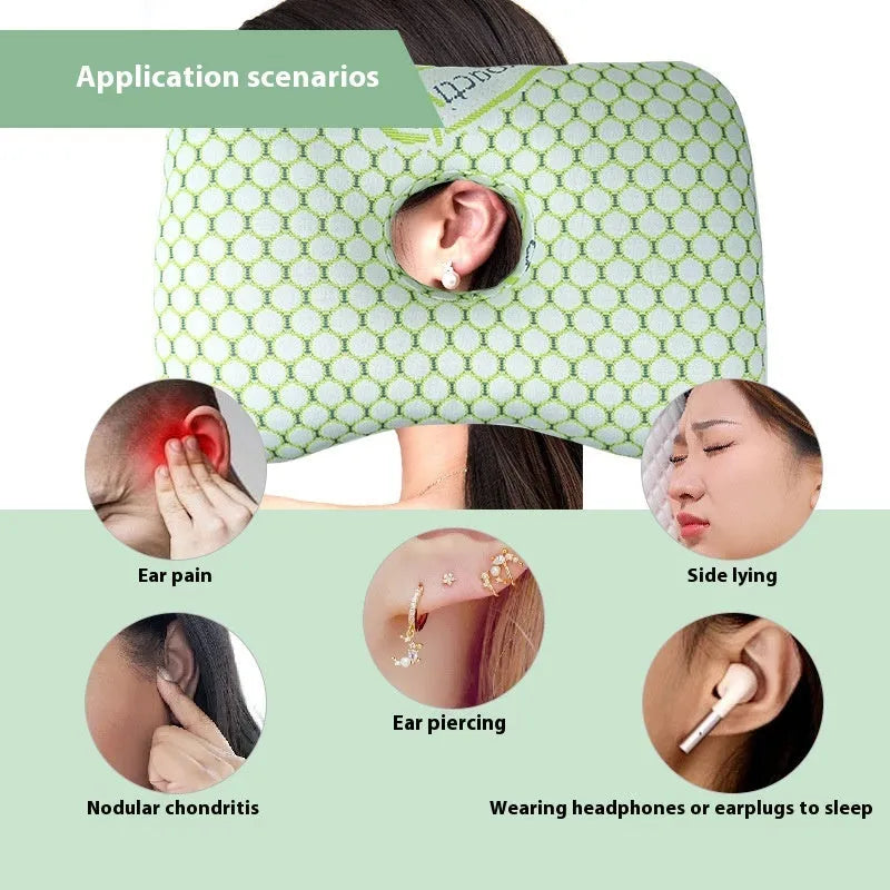 Single-hole ear pillow in plaid grey with detachable cover, shown with dimensions 39cm by 28cm.