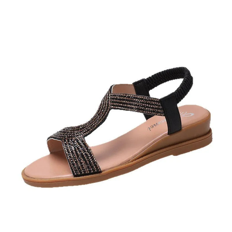 Women's patent leather beach sandals with rhinestones in black, gold or silver colours