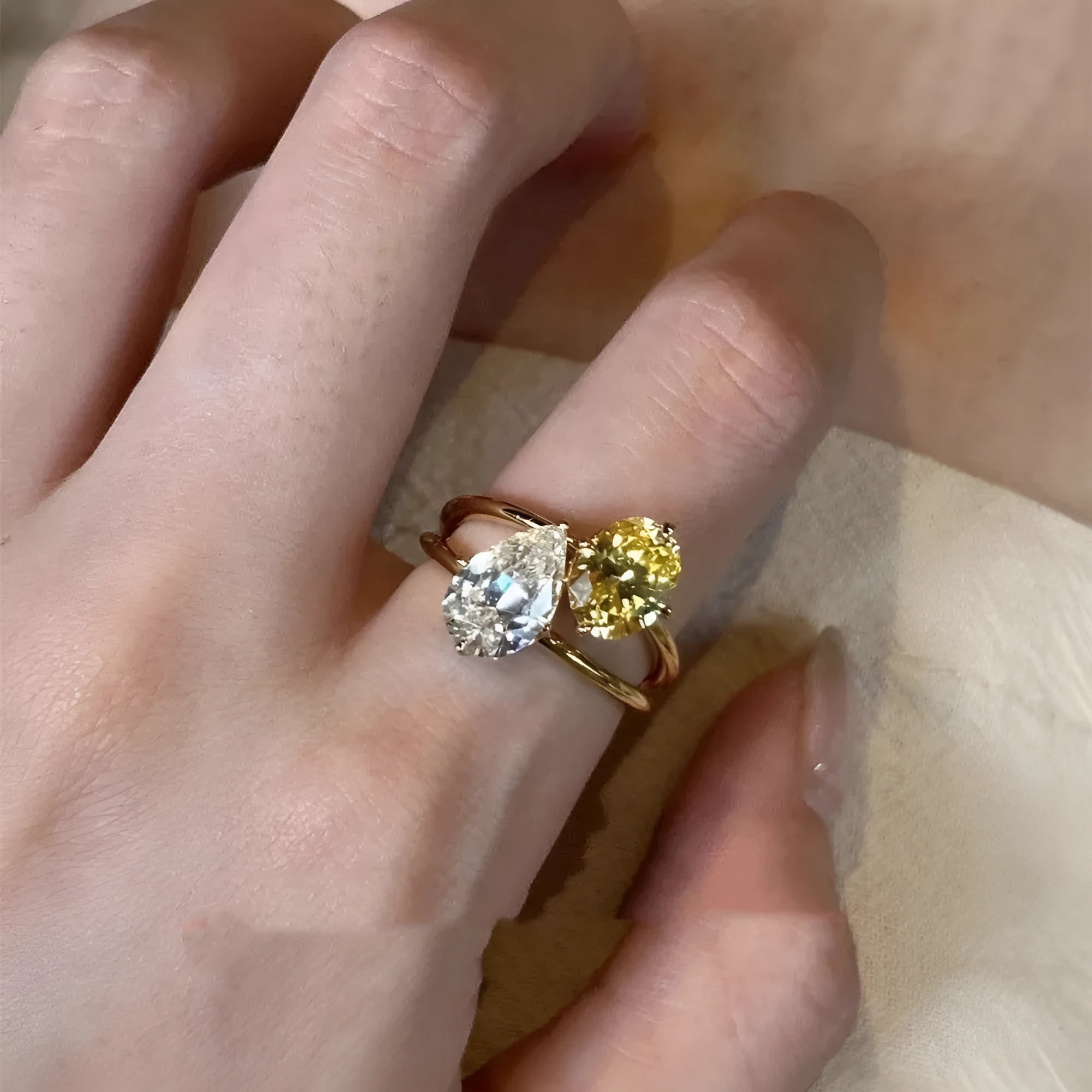 Women's geometric open ring with water drop zircon stone in copper