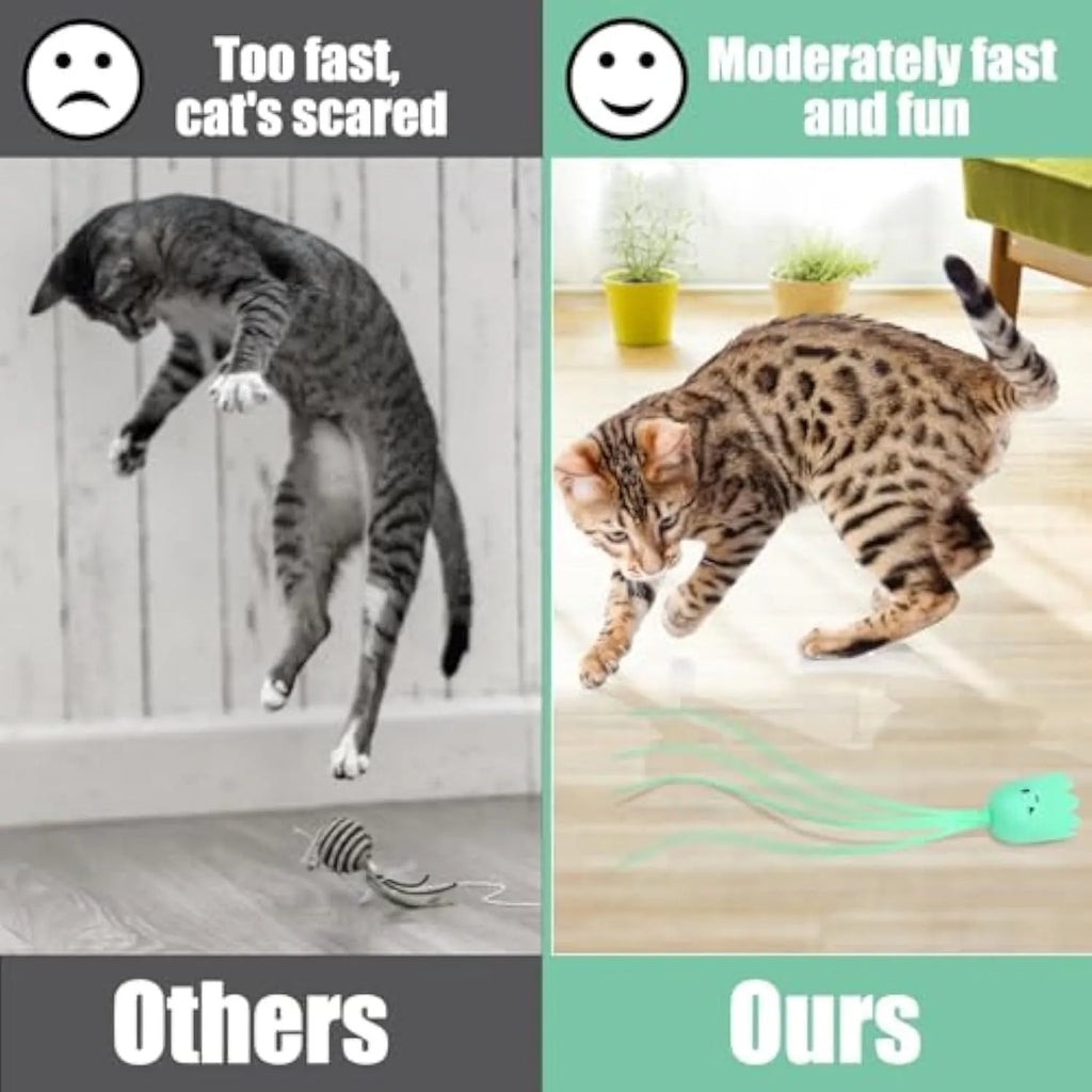 Green electronic cat wand toy with swinging silicone tails for automatic interactive pet play