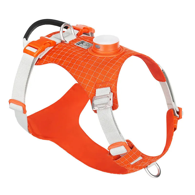 A light purple adjustable nylon dog harness with an LED light on the chest strap.