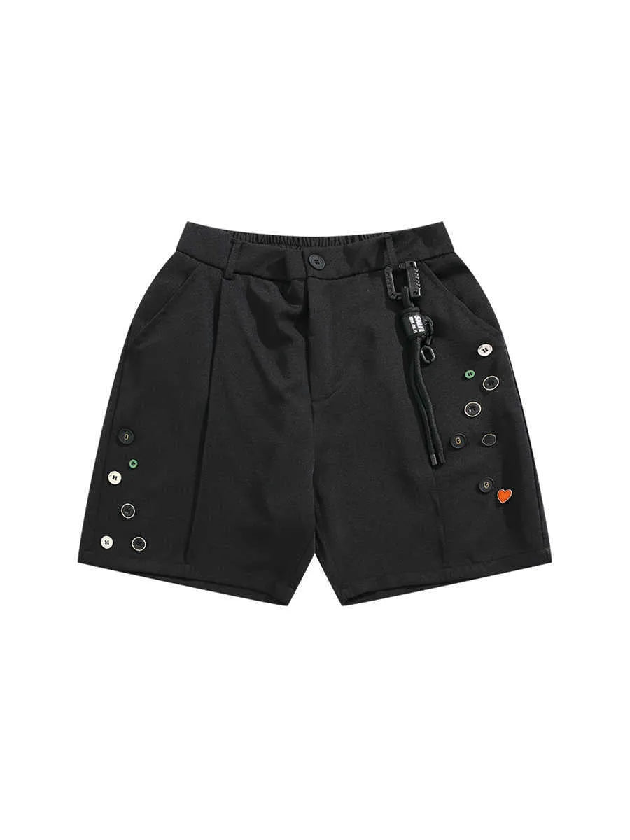 Men's black loose-fit shorts with button fly and straight-leg design above knee length