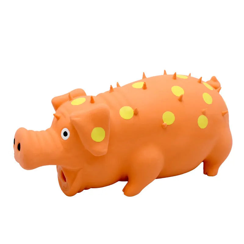 Blue pig-shaped latex dog chew toy with squeaker for aggressive chewers and teeth cleaning