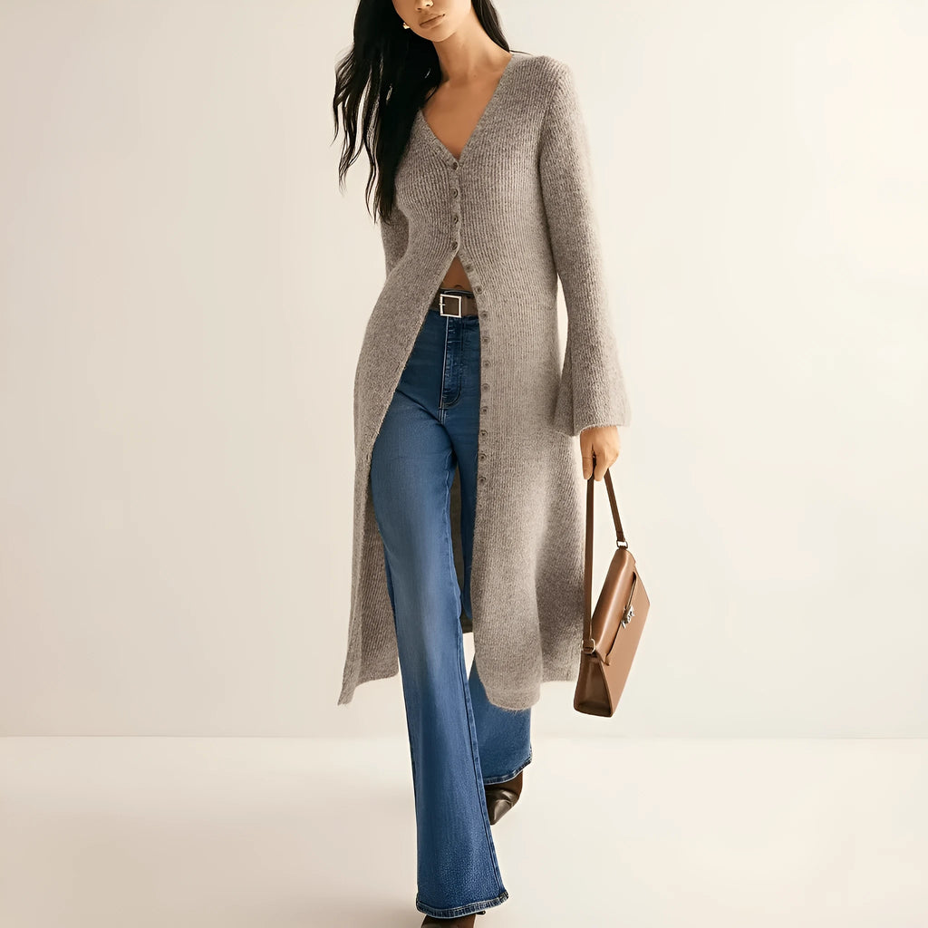 Khaki French retro style women's cardigan coat with button fastenings and long sleeves