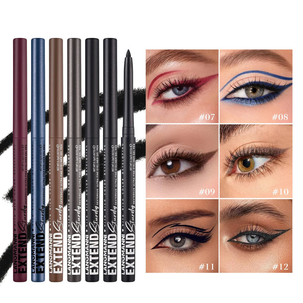 12 colourful gel glitter eyeliner pencils with waterproof formula in matte metallic pearl finishes