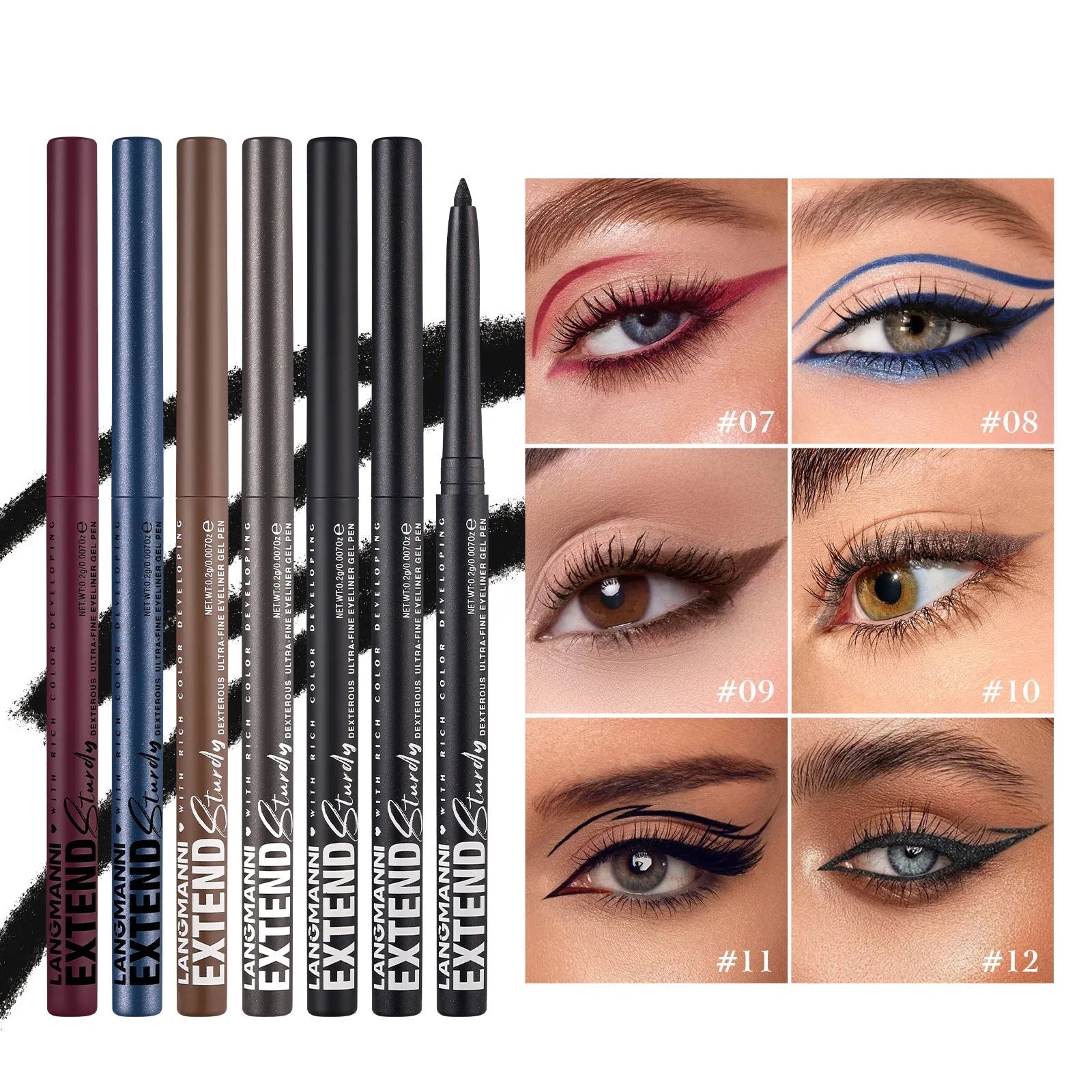 12 colourful gel glitter eyeliner pencils with waterproof formula in matte metallic pearl finishes