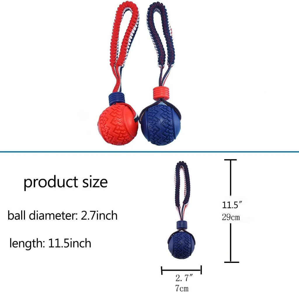 Blue or red natural rubber dog ball on rope toy measuring 29cm total length with 6.5cm diameter ball