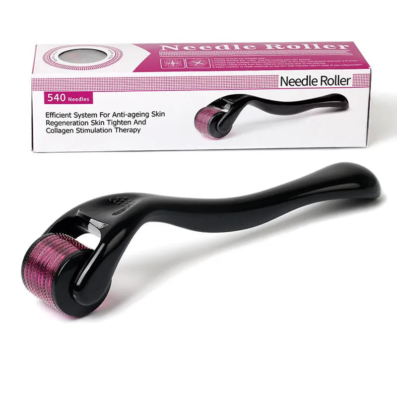 Black and purple derma rollers with titanium microneedles, showing size options from 0.2mm to 1.0mm.