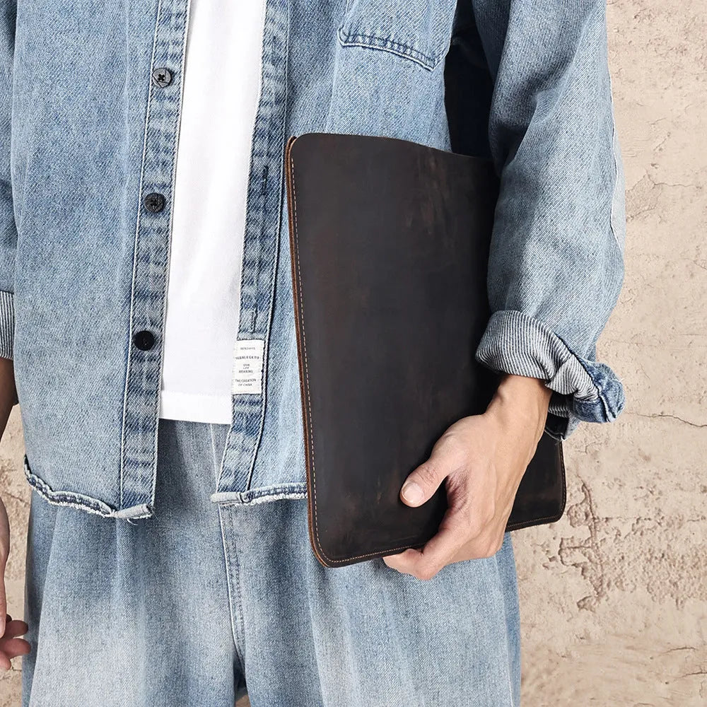 Horizontal computer liner bag in Crazy Horse leather with two size options