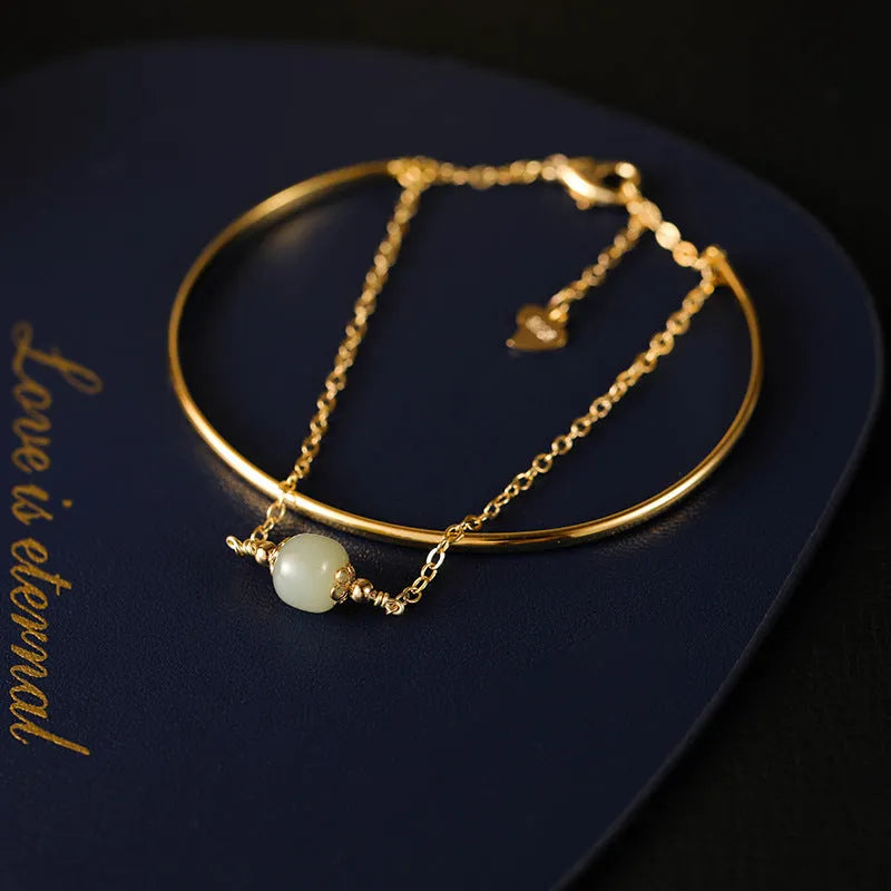 Women's jade lucky beads bracelet with gold inlay decoration in single, double and three beads versions