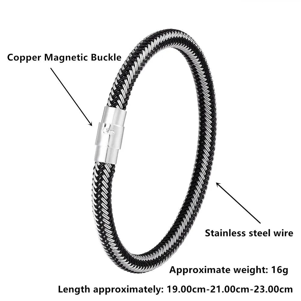 Titanium steel geometric wire bracelet with a magnetic clasp and charm socket.