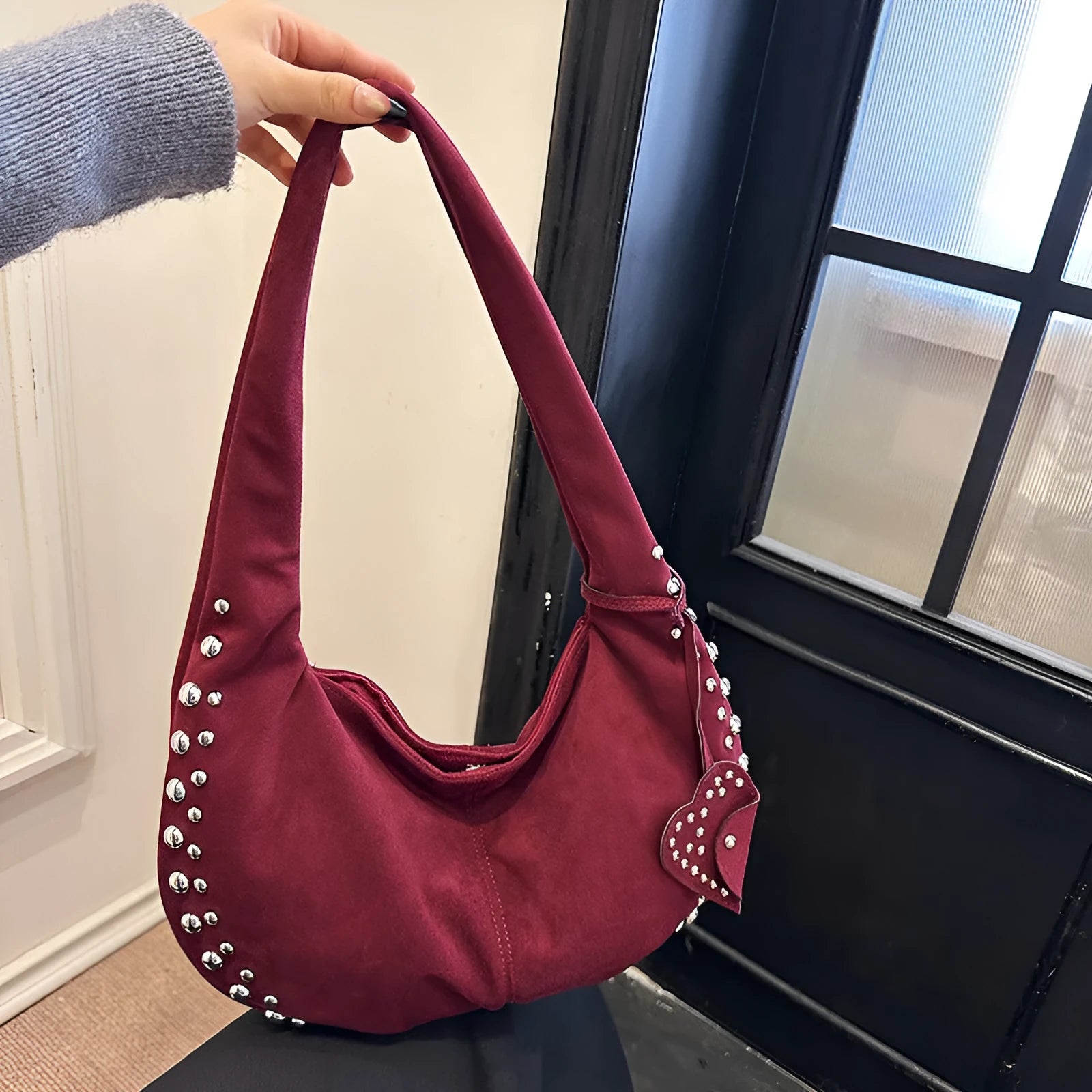 Women's soft plush strapless tote handbag in retro style showing colour options including black, red, brown, green and coffee