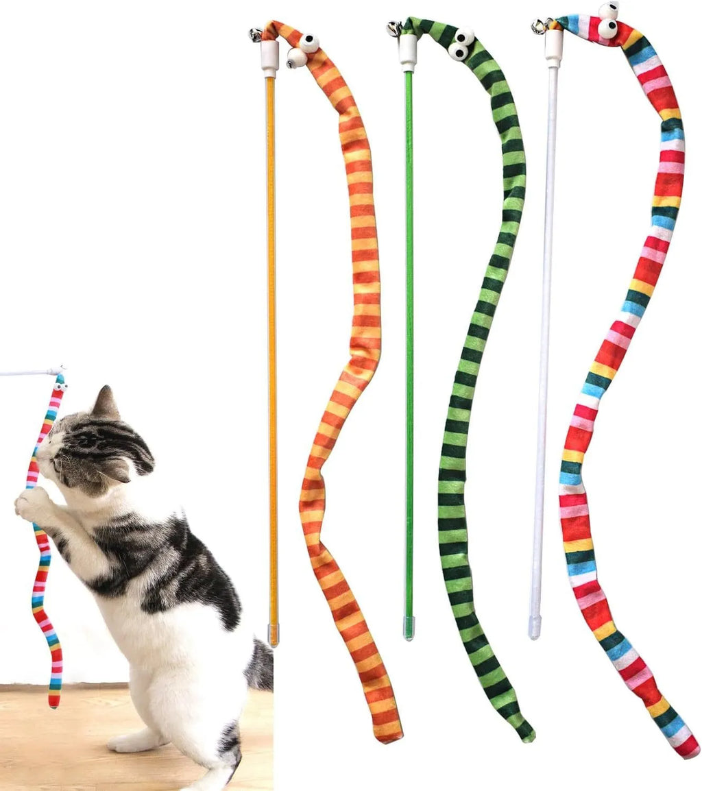 Cat wand toy with polycarbonate handle and long plush strip in vivid colours for interactive cat play