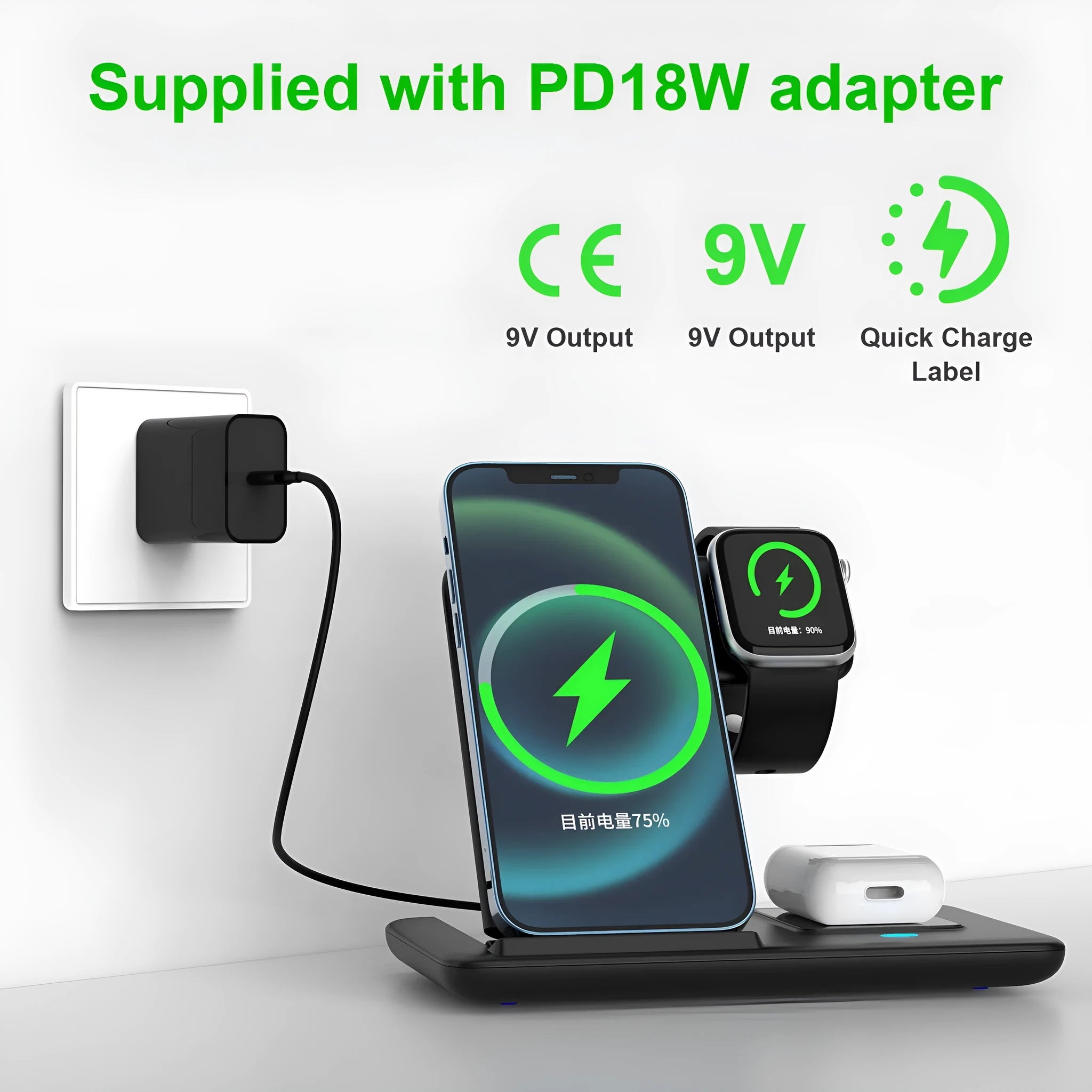 Three-in-one foldable wireless charger in black with twin coil and 15W fast charge for phone watch earbuds