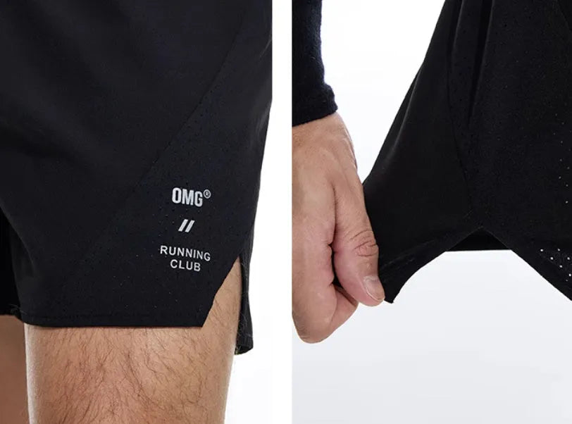 Black and blue four-point stretch running shorts with laser-stitched seams laid flat.