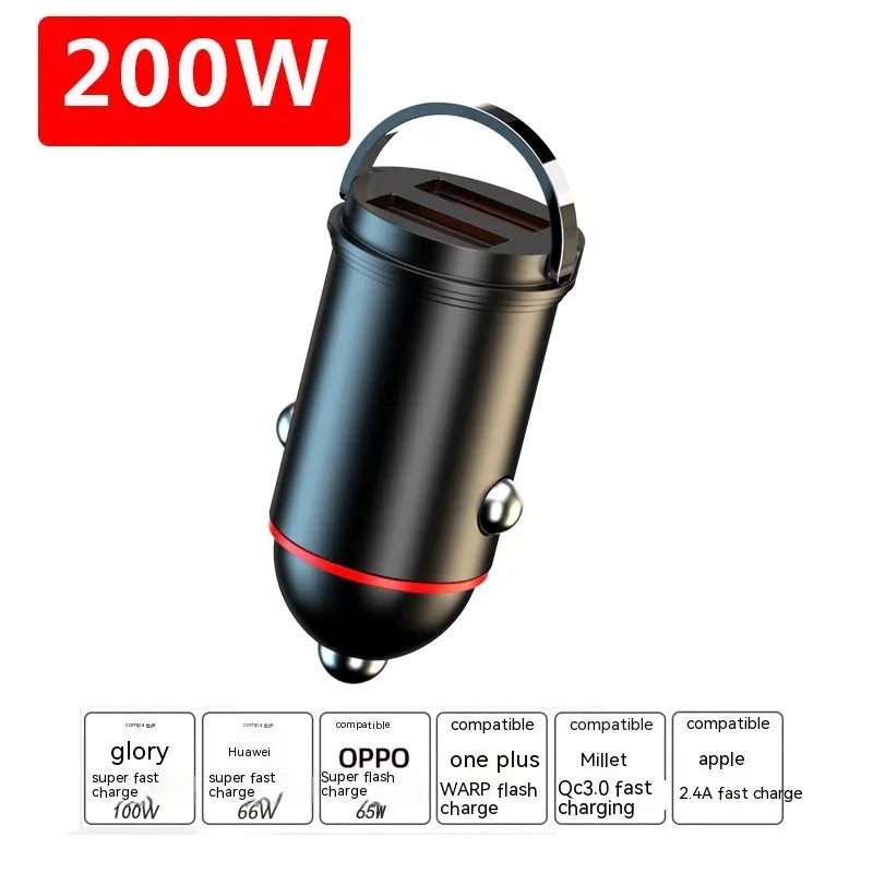 Black 200W zinc alloy car charger with USB port measuring 38mm