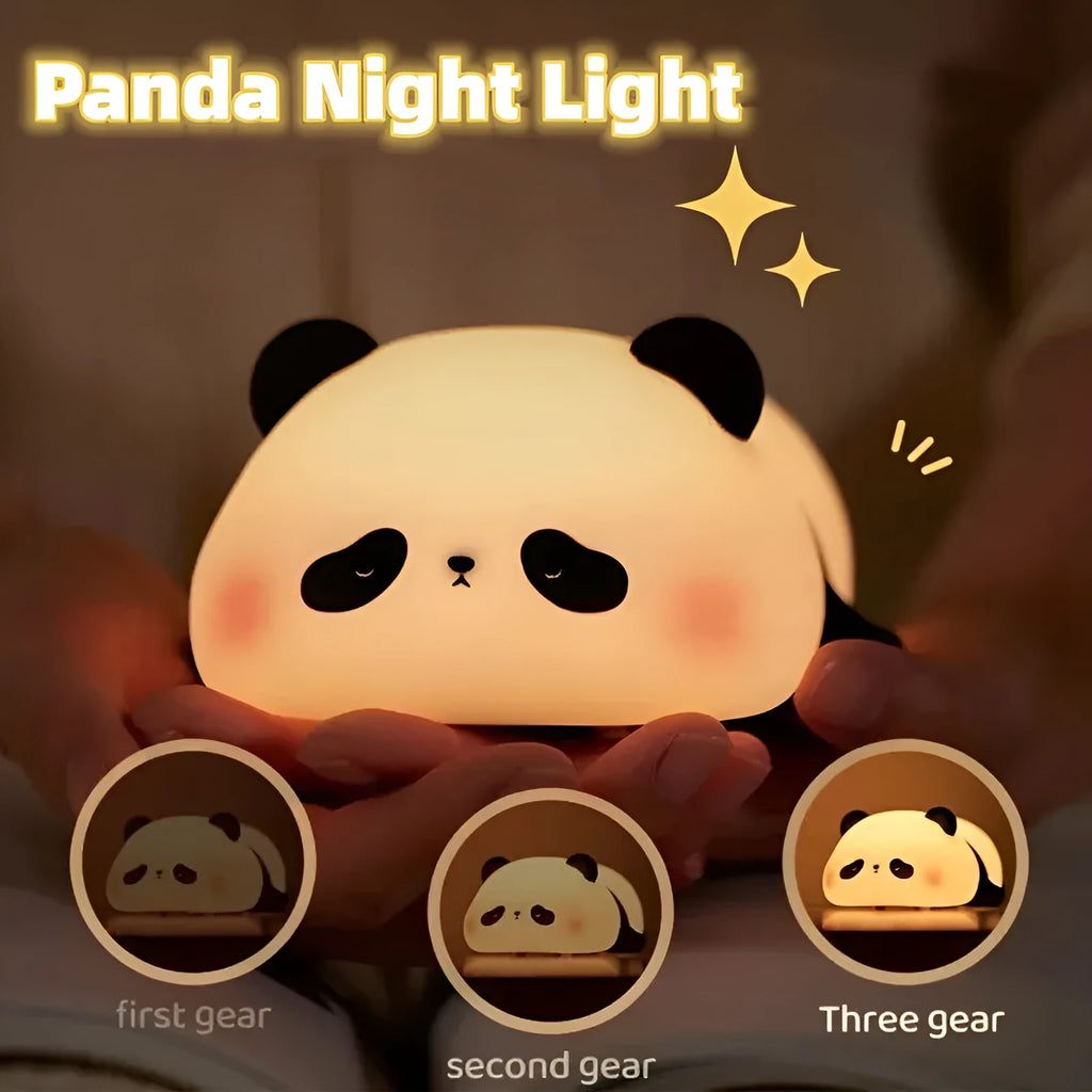 Panda head night light with silicone construction showing clap controls and USB charging port