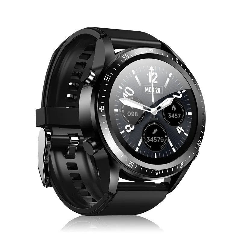 Black smart watch with blood pressure monitoring on silicone strap showing 1.28 inch display