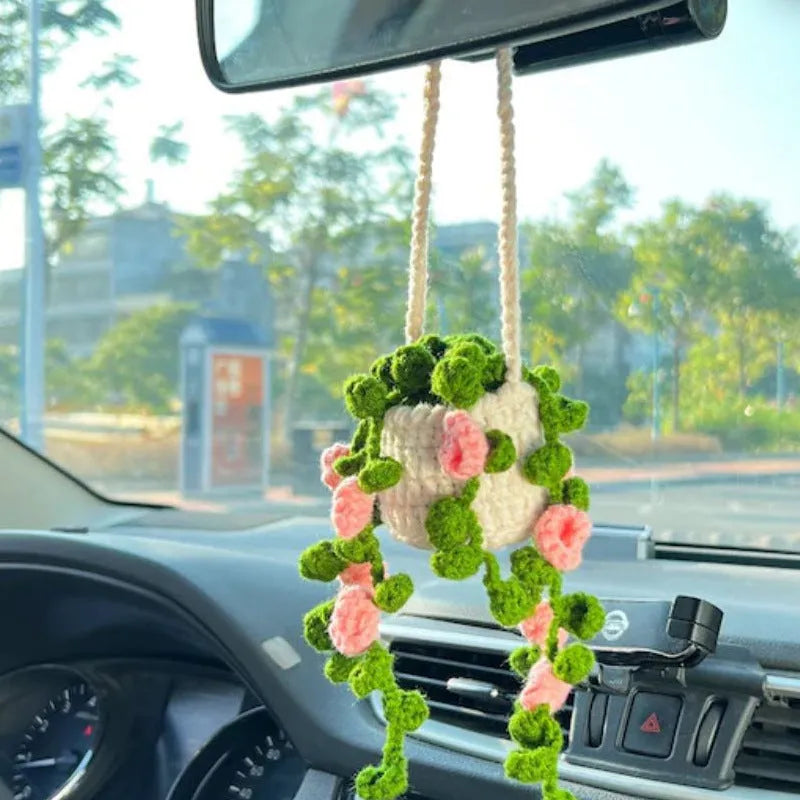 Green and white knitted wool car plant decoration hanging from a rope.