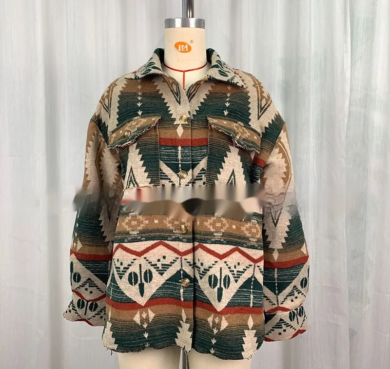 Women's loose-fit Aztec print retro jacket in sapphire blue, wool blend fabric with long sleeves.