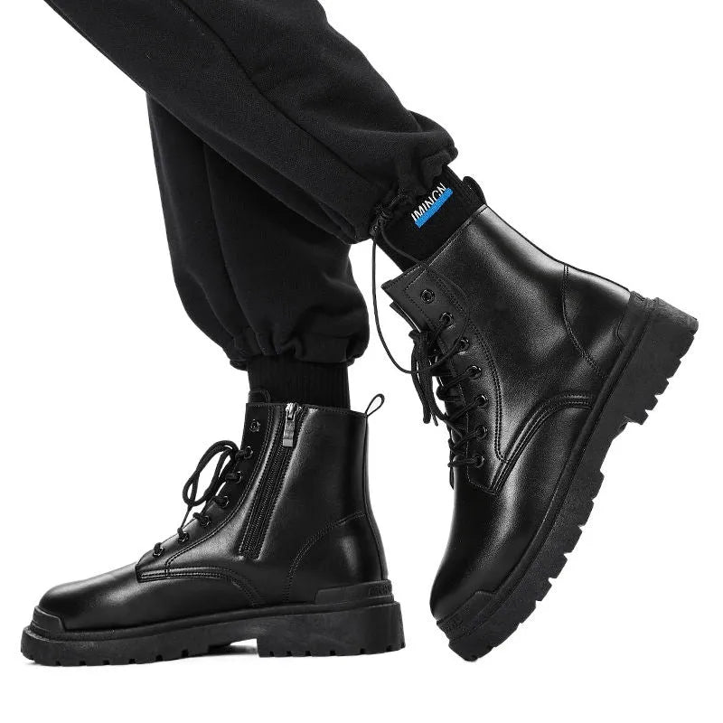 Men's mid-top waterproof PU leather boots with rubber soles in black and brown colours