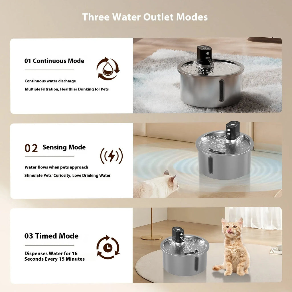 Stainless steel pet water fountain with temperature control dial in black and white options