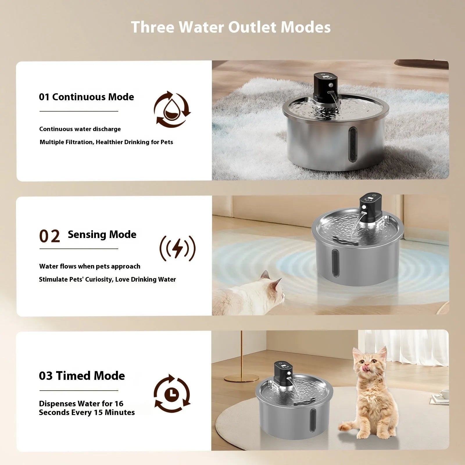 Stainless steel pet water fountain with temperature control dial in black and white options