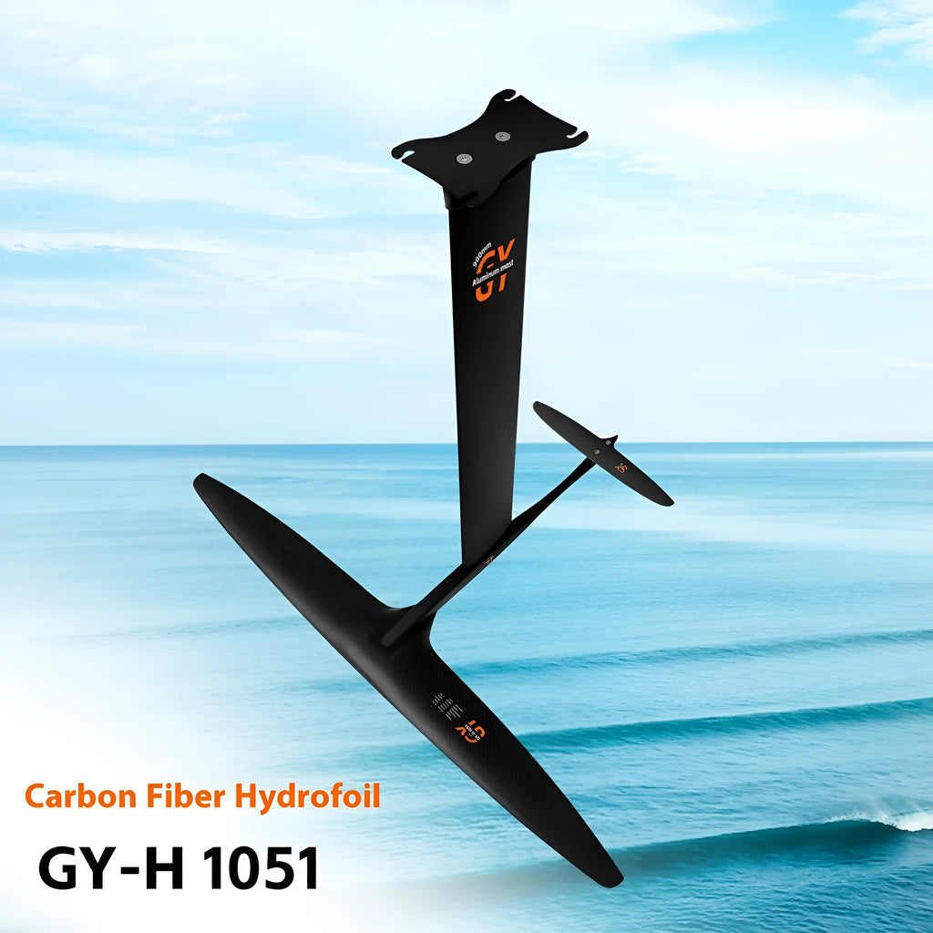Black carbon fibre racing hydrofoil surfboard with 1051mm front wing, complete set for professional surfing