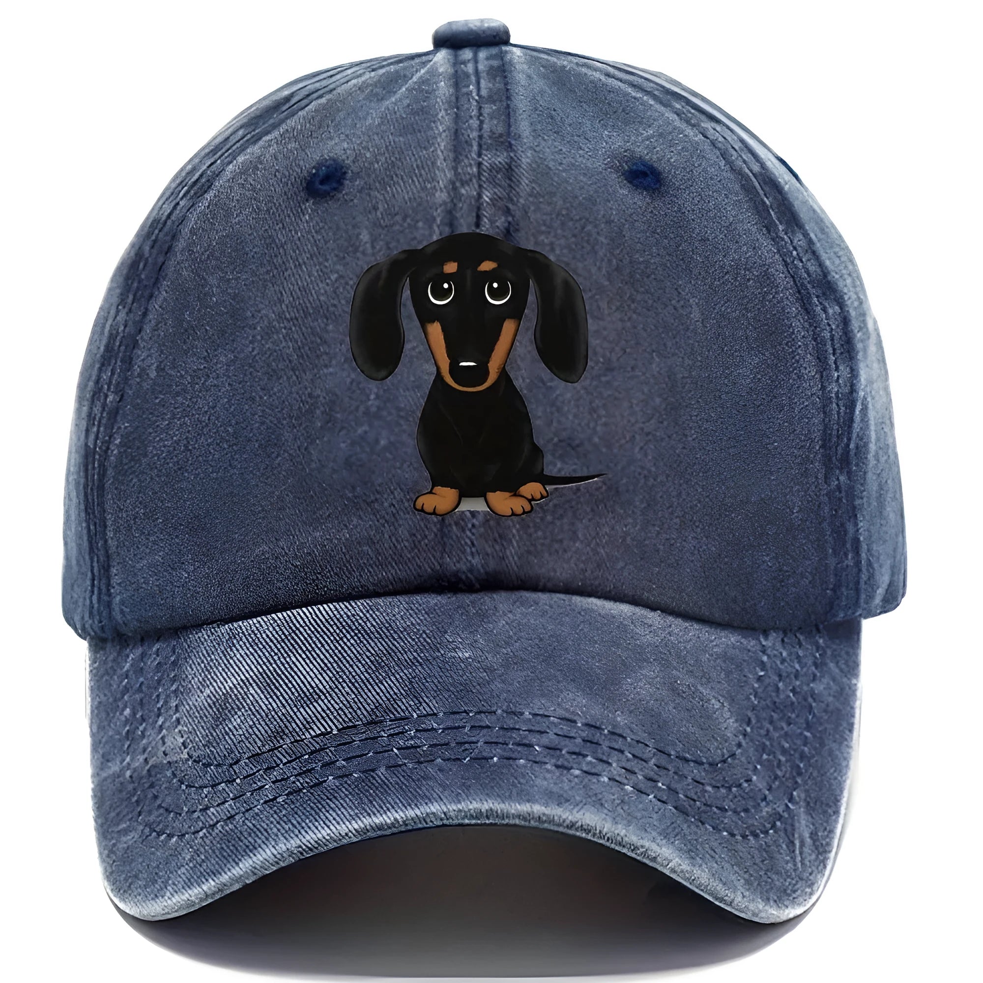 Retro washed cotton baseball cap with Dachshund print and machine embroidery details in dome crown style