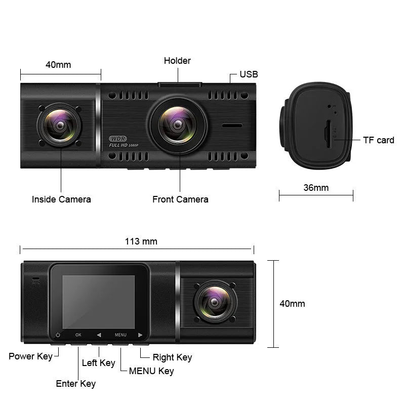 Standard black front and rear dash camera with 1.5-inch screen on a car windscreen.