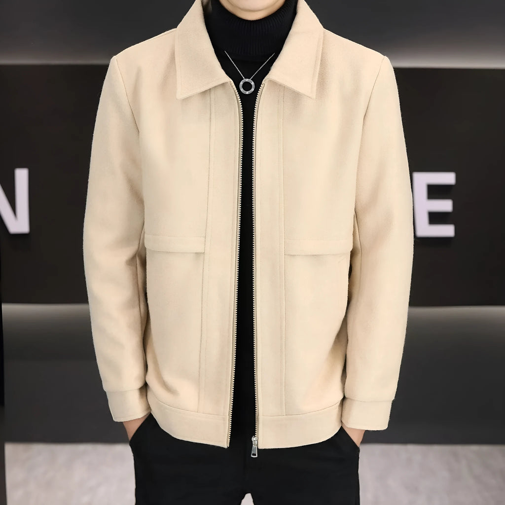 Casual khaki jacket with polo collar and side seam pockets