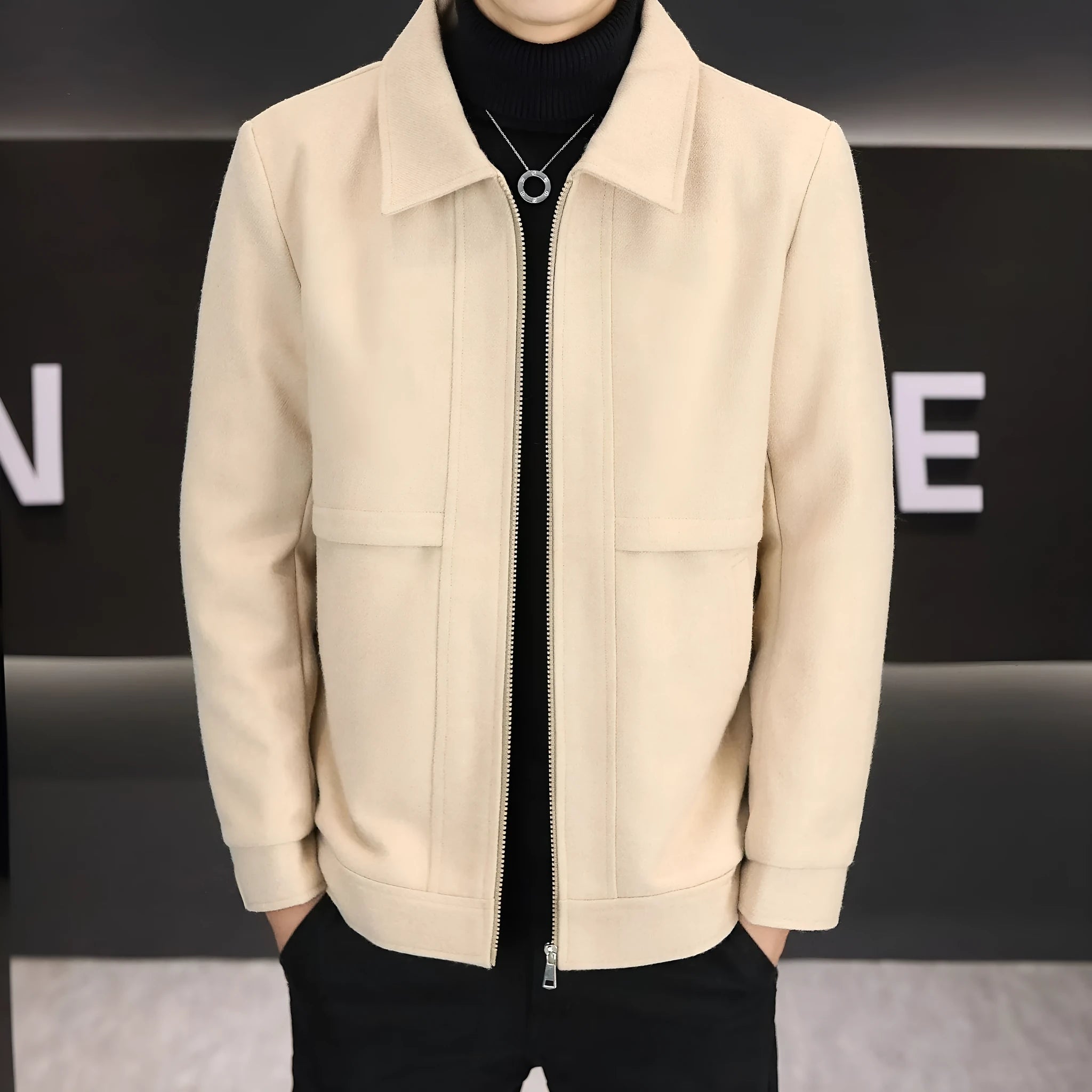 Casual khaki jacket with polo collar and side seam pockets