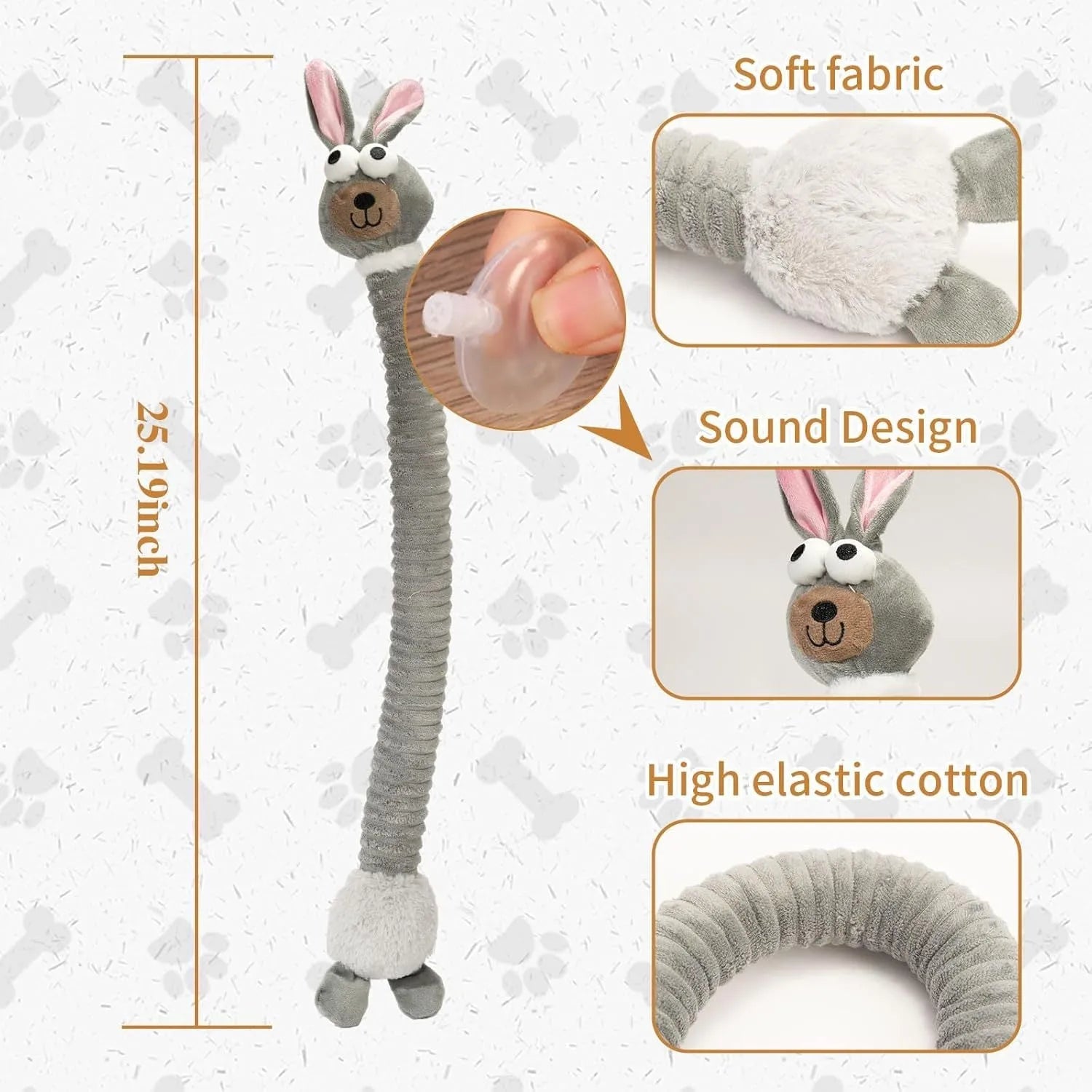 Plush squeaky dog toy with crinkle material in brown, grey, and yellow colour options