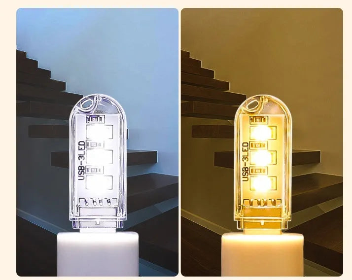 LED baby night light with USB cable showing white and warm light options