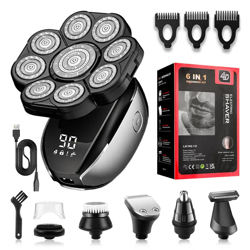 Black rechargeable 6-in-1 hair clipper set with multiple grooming attachments on display