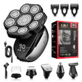 Black rechargeable 6-in-1 hair clipper set with multiple grooming attachments on display