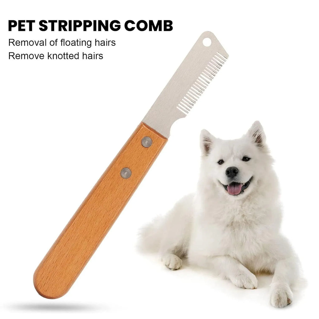 Pet stripping comb and grooming knife with wood handle for dogs and cats