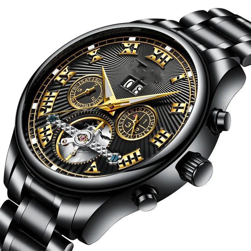 Men's 43mm automatic mechanical watch with calendar display, alloy case, stainless steel buckle in black and gold