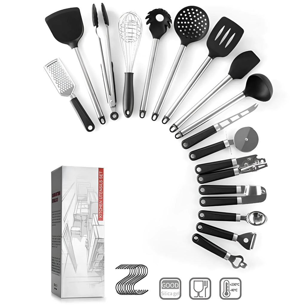 Black silicone and stainless steel kitchen spatula and spoon set, 16 pieces laid out.