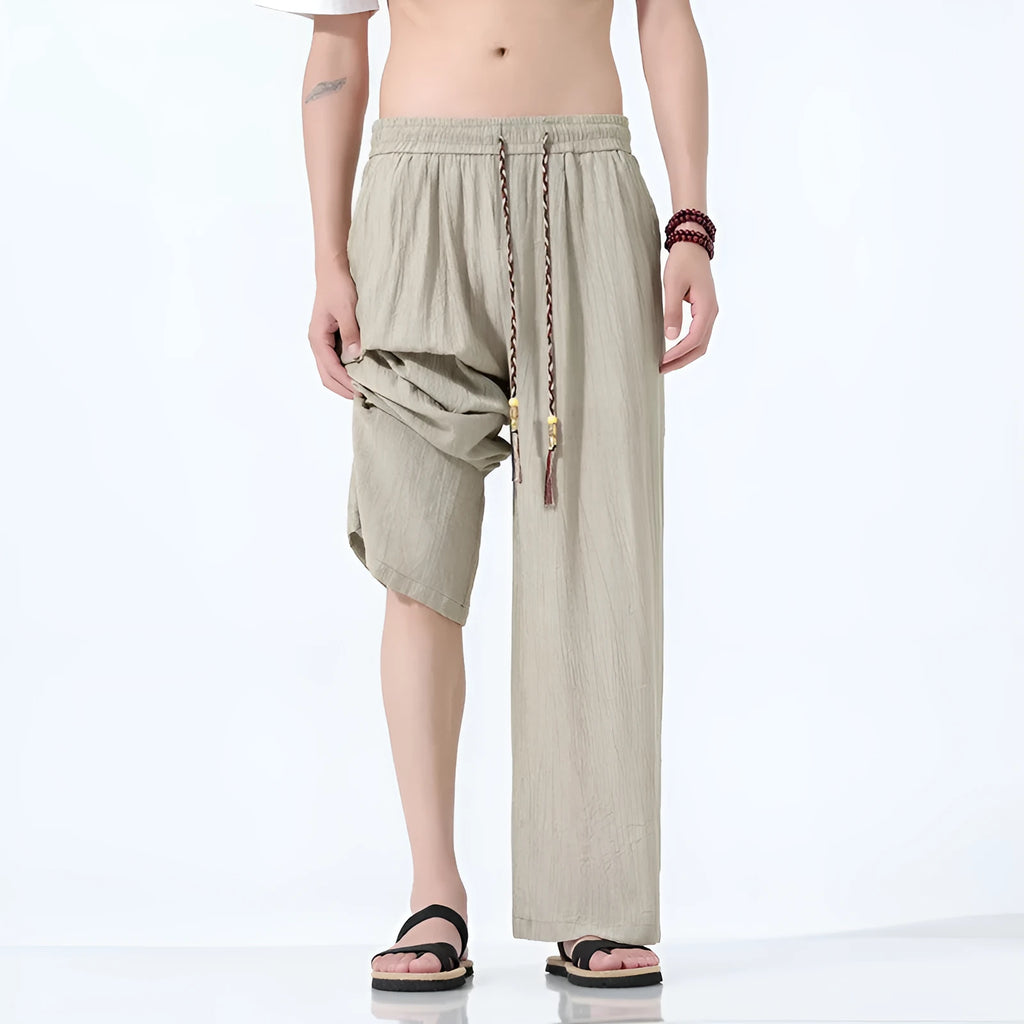 Men's straight-leg bamboo fibre trousers in black, wide leg casual style mid waist fit