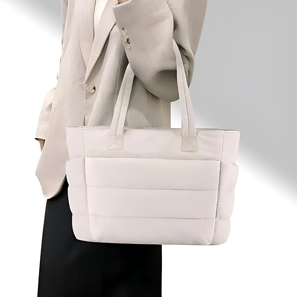 Nylon women's shoulder bag horizontal square laptop bag 40x16x30cm in beige with contrast colour fresh sweet style
