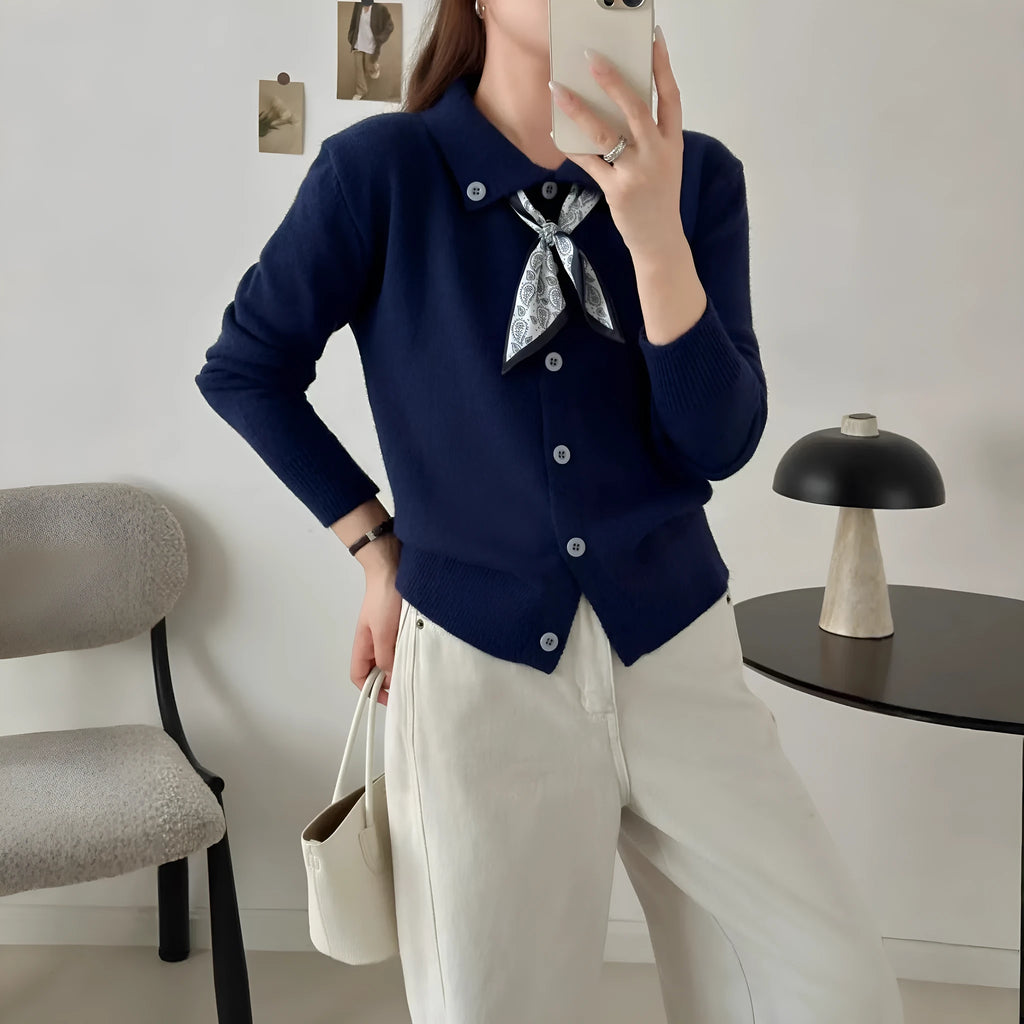 Women's beige cardigan sweater with an attached lapel scarf collar, long sleeves