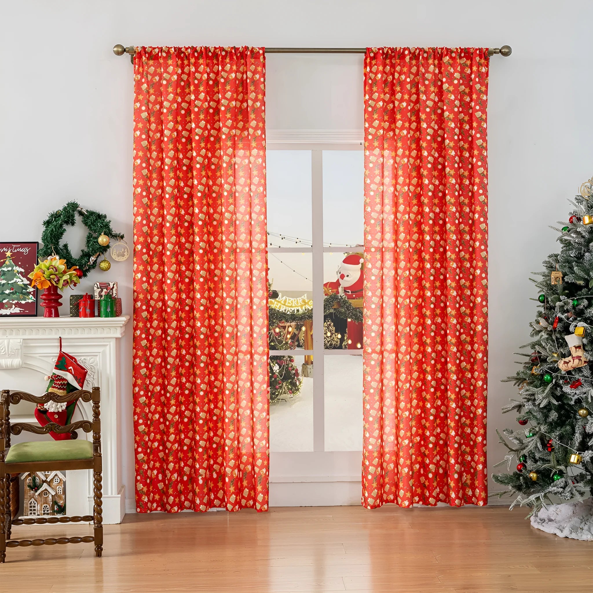Green and red Christmas curtain with printed snowman and angel cartoon design