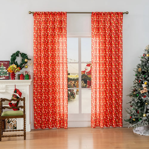 Green and red Christmas curtain with printed snowman and angel cartoon design