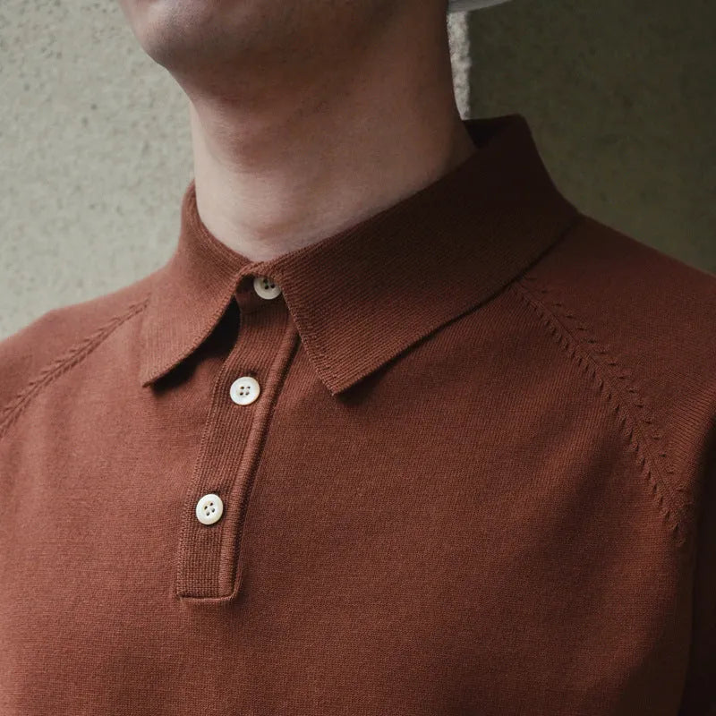 Retro slim-fit knitted cotton short-sleeved T-shirt in dark brown solid colour for summer leisure wear