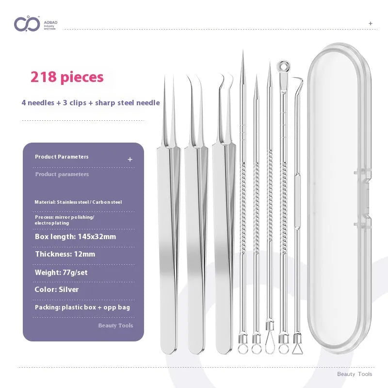 Four silver metal acne needles with ultra-fine pointed tips for skincare extraction.
