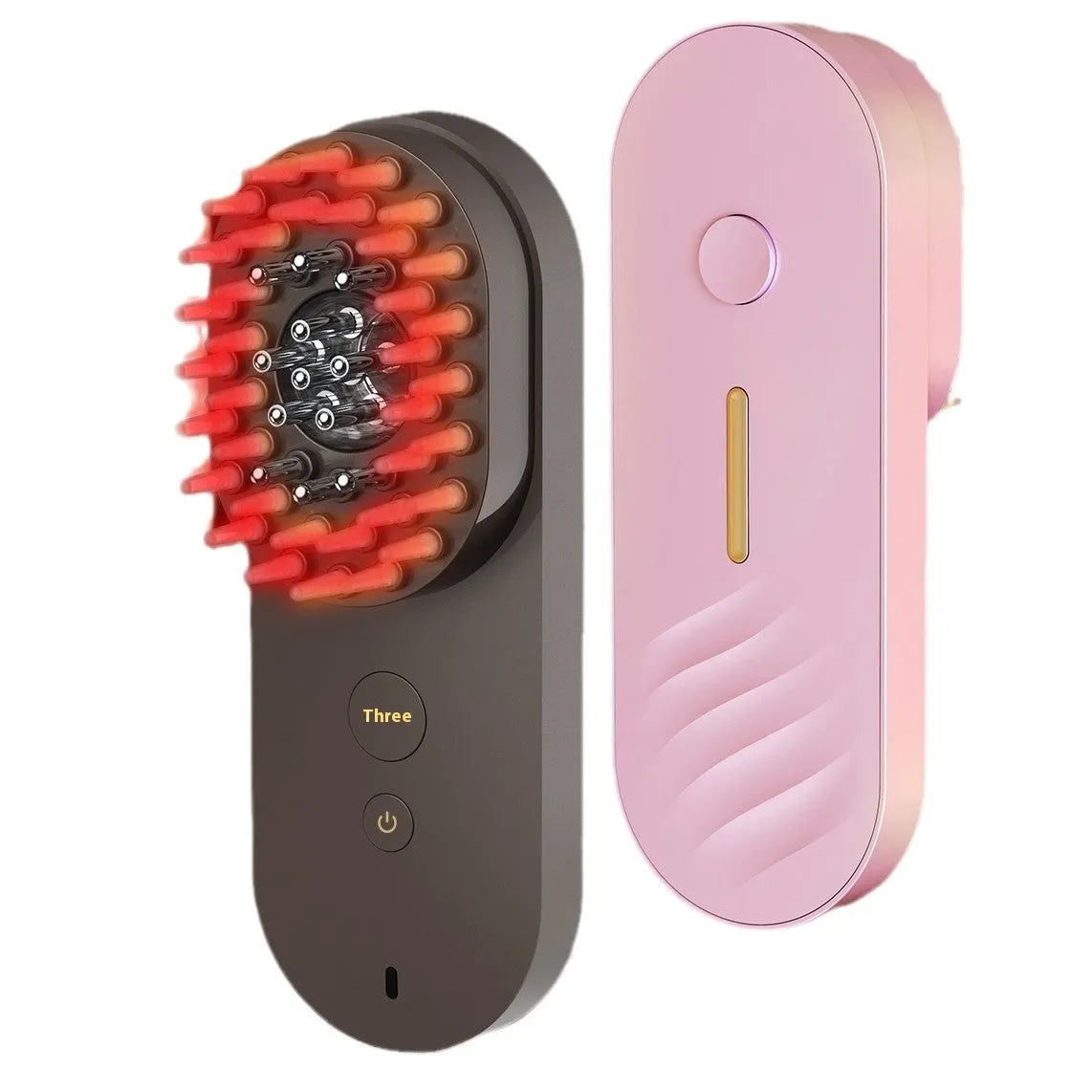 Black and pink smart massage comb with red light therapy function for scalp care.
